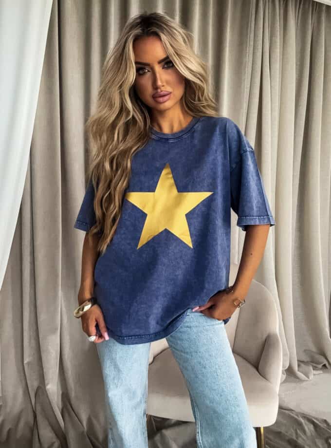 Dekatyzowany t-shirt STAR - granatowy