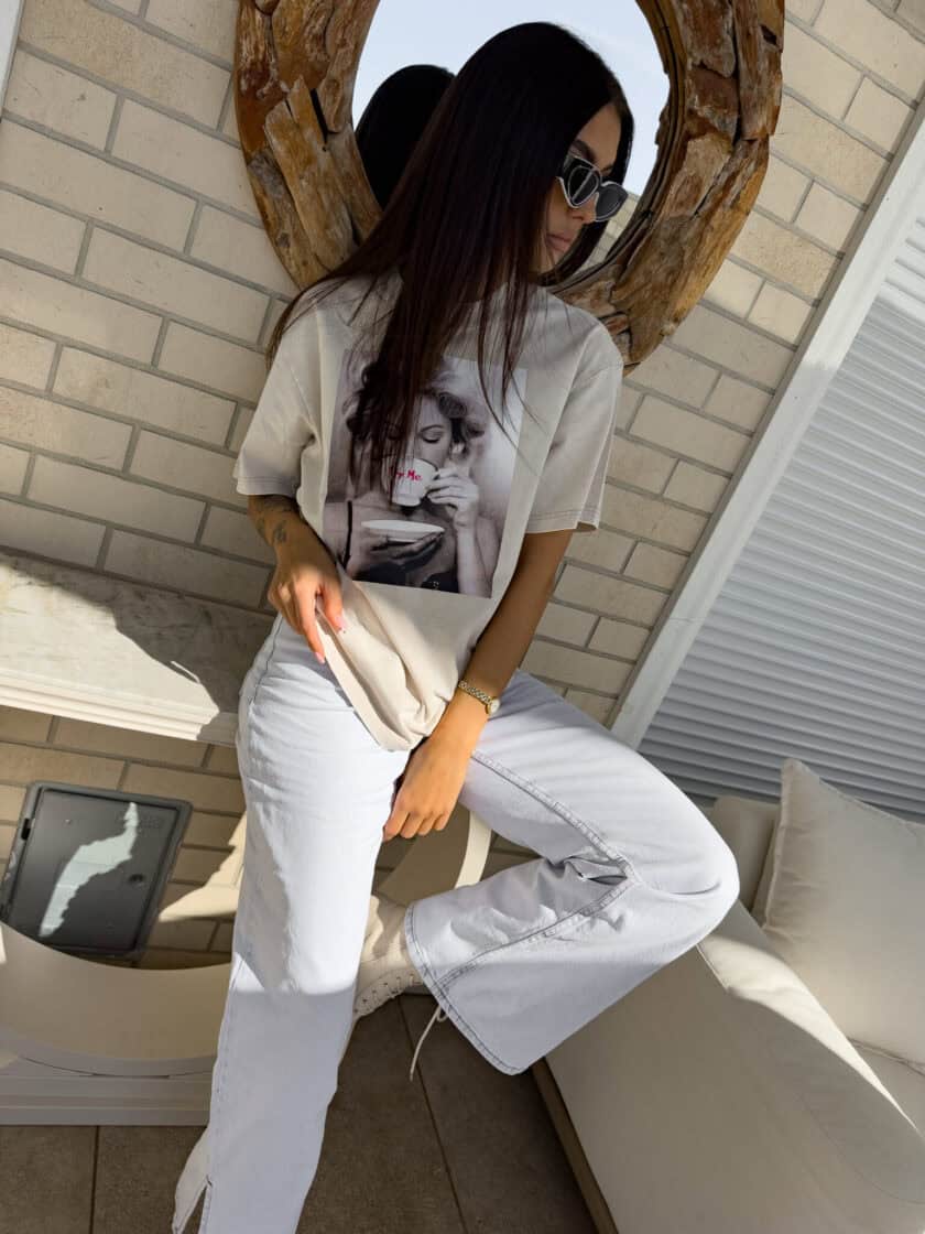 Dekatyzowany t-shirt ROLLER - jasny beż - obrazek 6