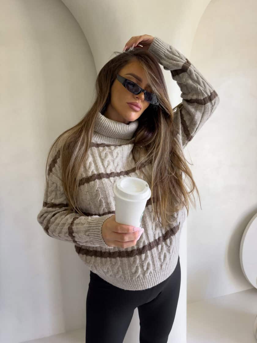 Sweter golf INKO pasy - beżowo-czekoladowe - obrazek 2
