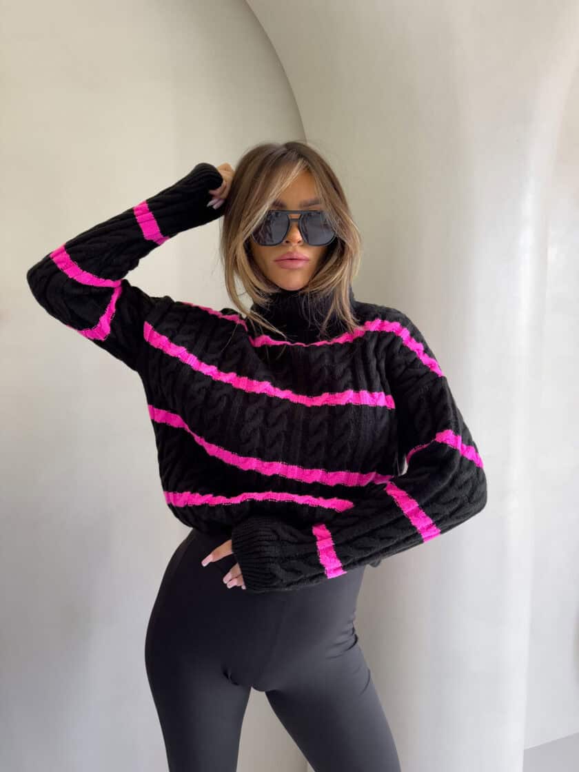 Sweter golf INKO pasy - czarno-różowe - obrazek 10