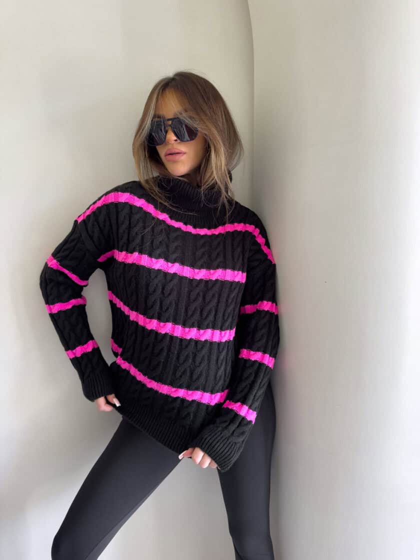 Sweter golf INKO pasy - czarno-różowe - obrazek 11