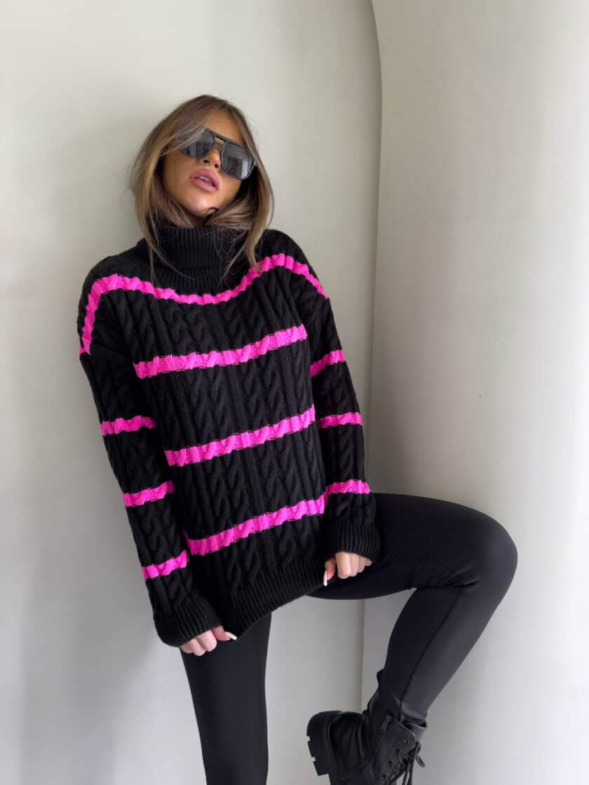 Sweter golf INKO pasy - czarno-różowe - obrazek 7