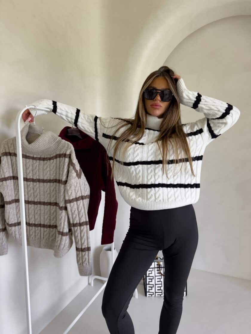 Sweter golf INKO pasy - ecru-czarne - obrazek 2