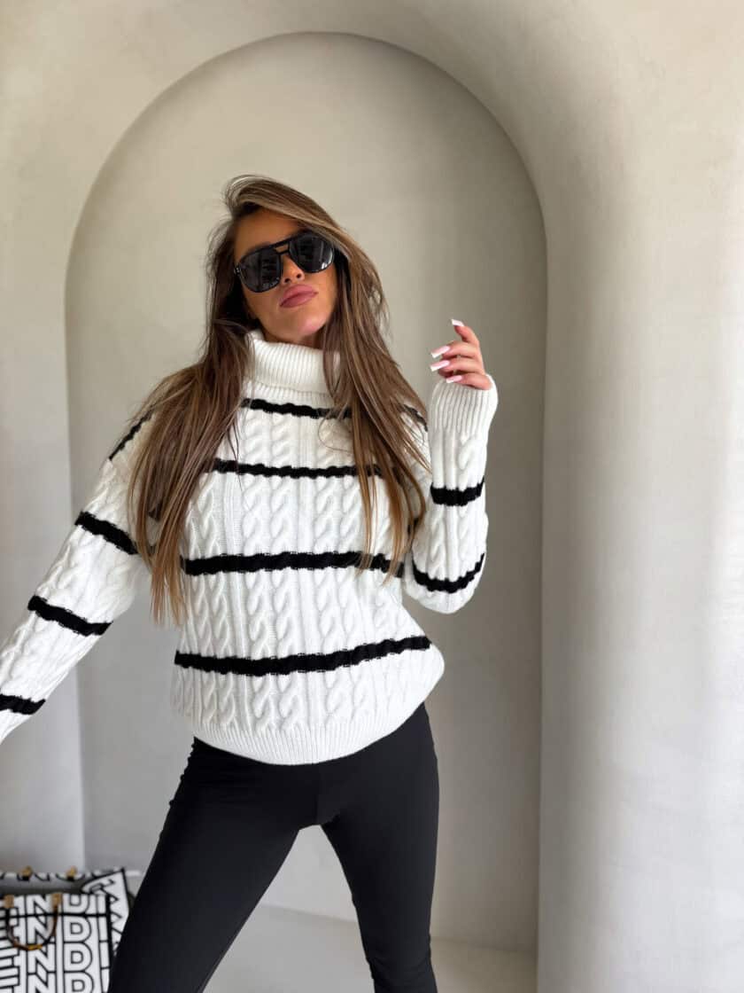 Sweter golf INKO pasy - ecru-czarne - obrazek 8