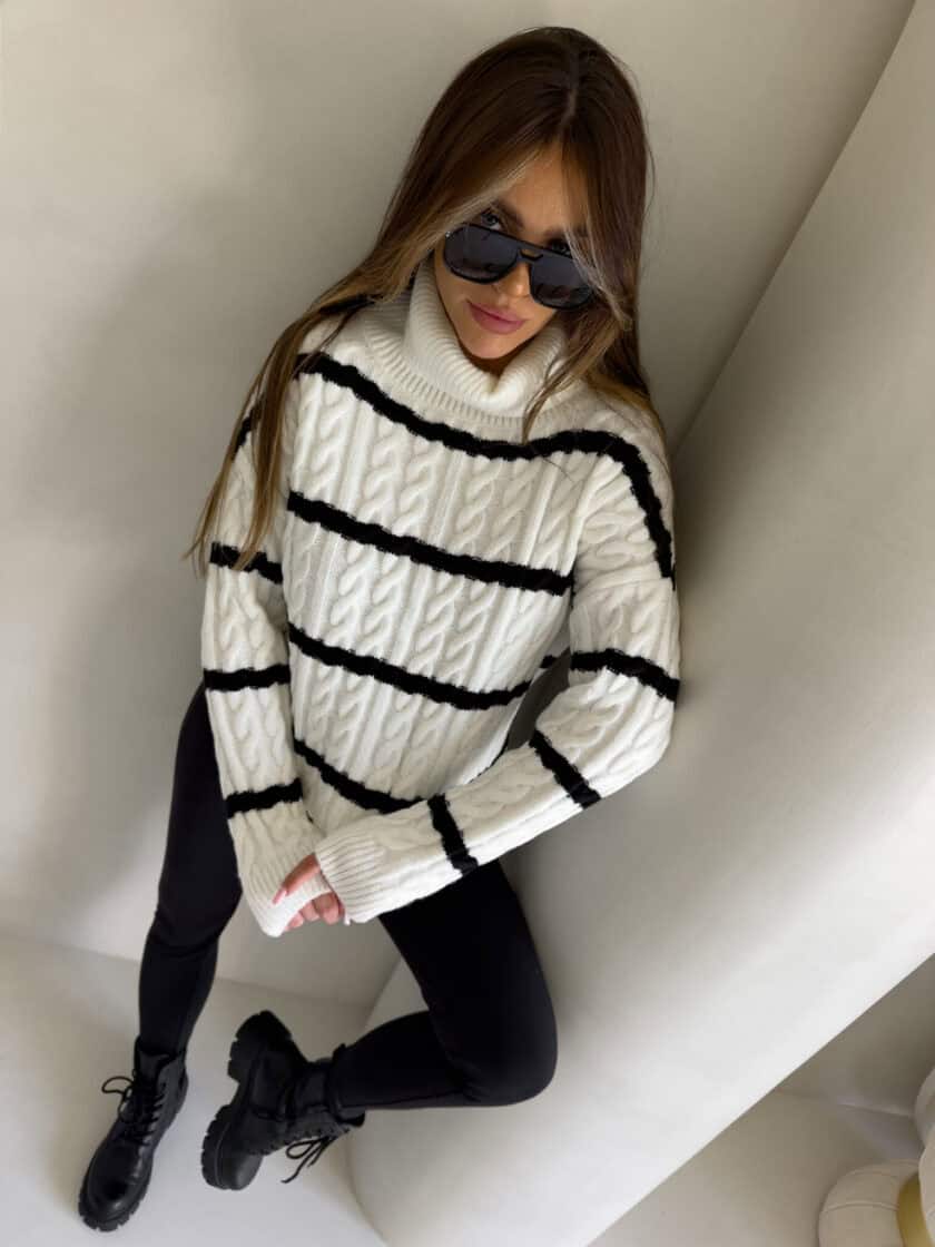 Sweter golf INKO pasy - ecru-czarne - obrazek 7