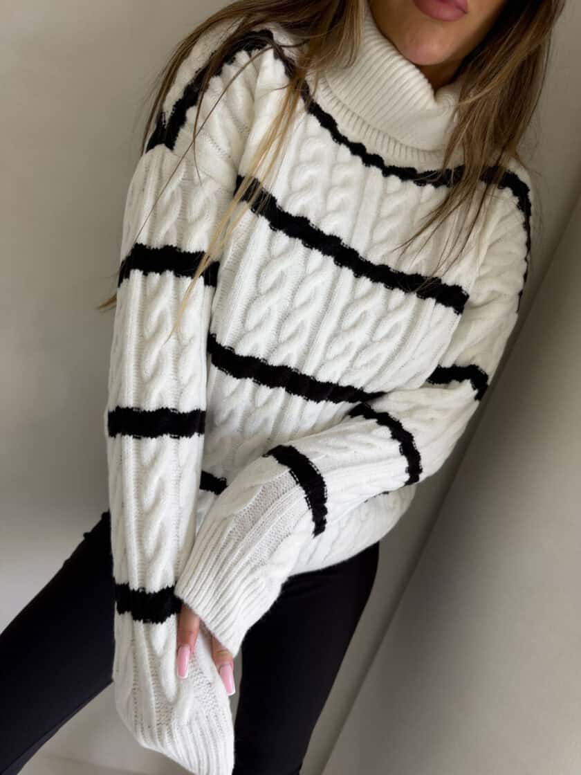 Sweter golf INKO pasy - ecru-czarne - obrazek 14