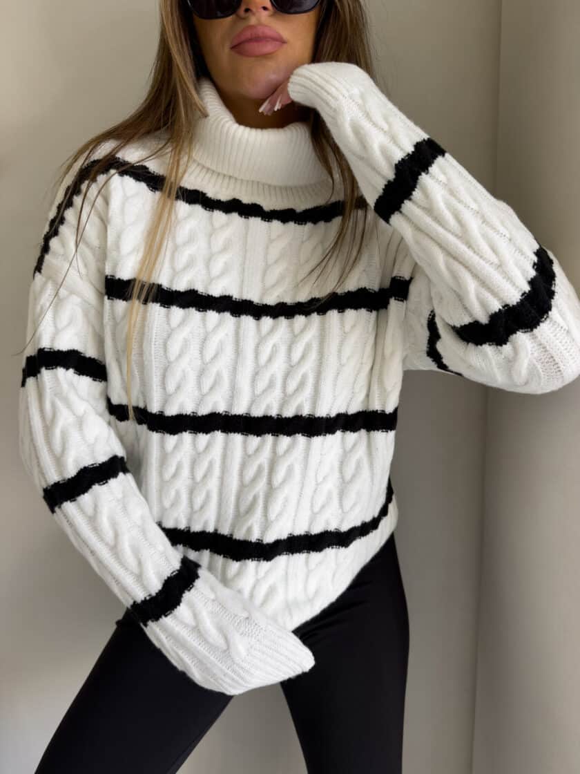 Sweter golf INKO pasy - ecru-czarne - obrazek 6