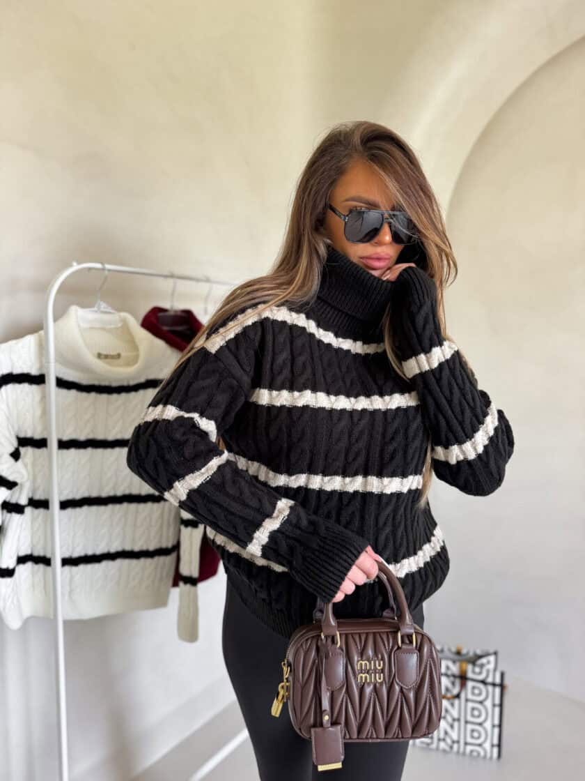 Sweter golf INKO pasy - czarno-beżowe - obrazek 4