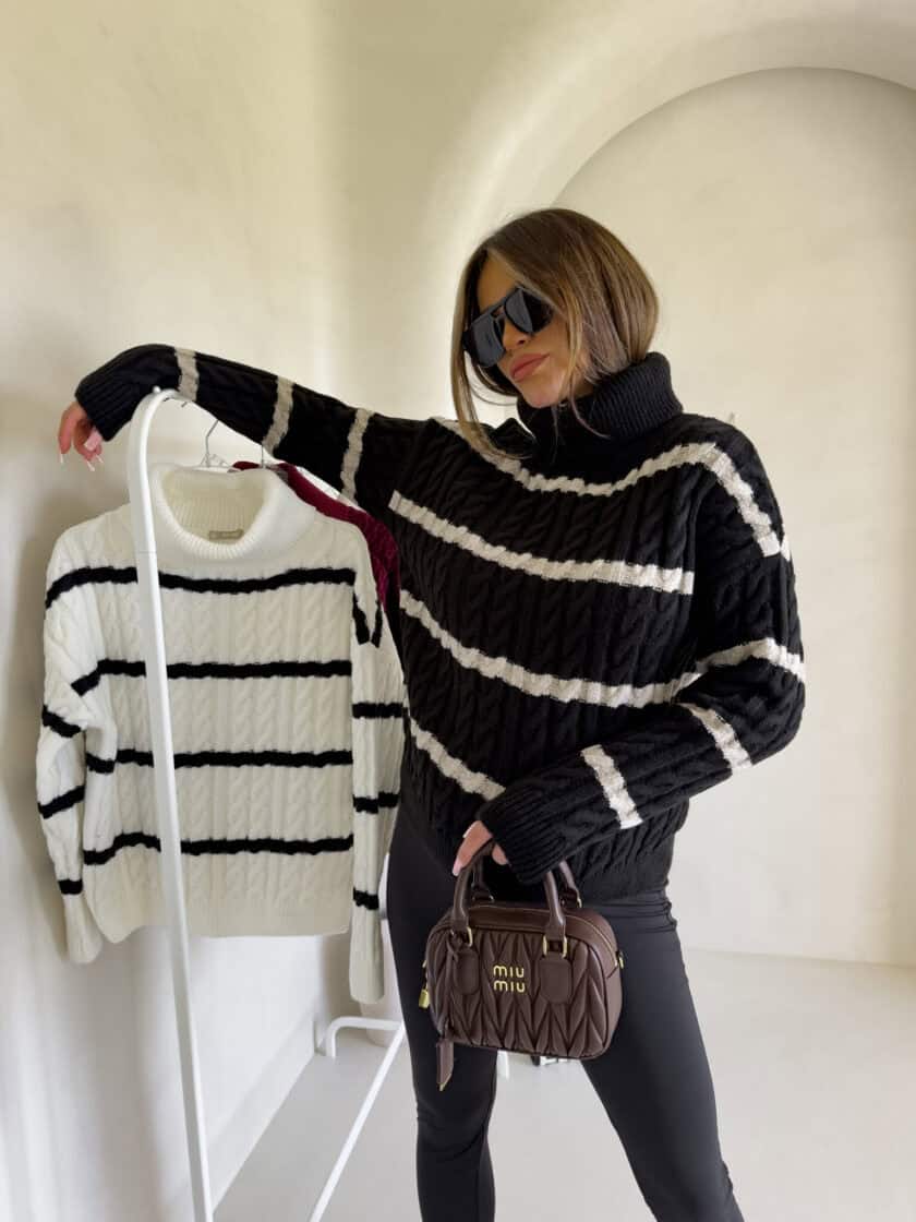 Sweter golf INKO pasy - czarno-beżowe - obrazek 2