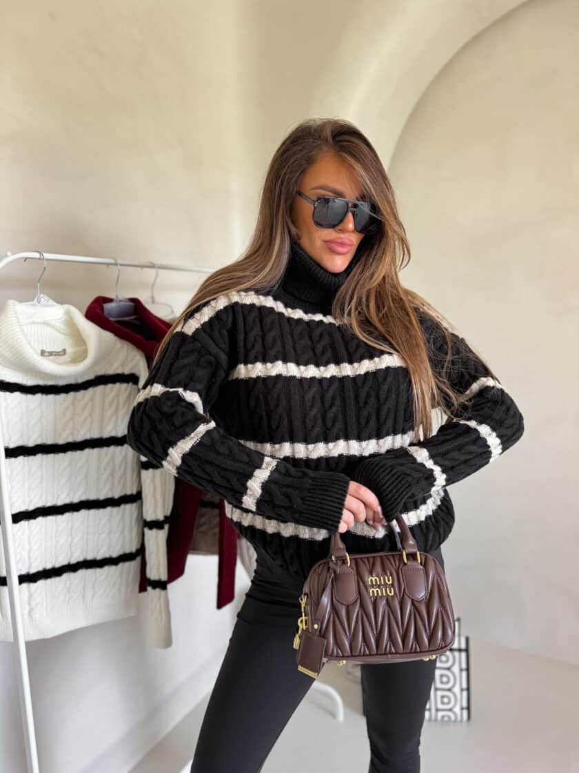 Sweter golf INKO pasy - czarno-beżowe - obrazek 9