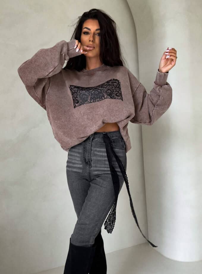 Dekatyzowana bluza KORONKA - ciemny beż