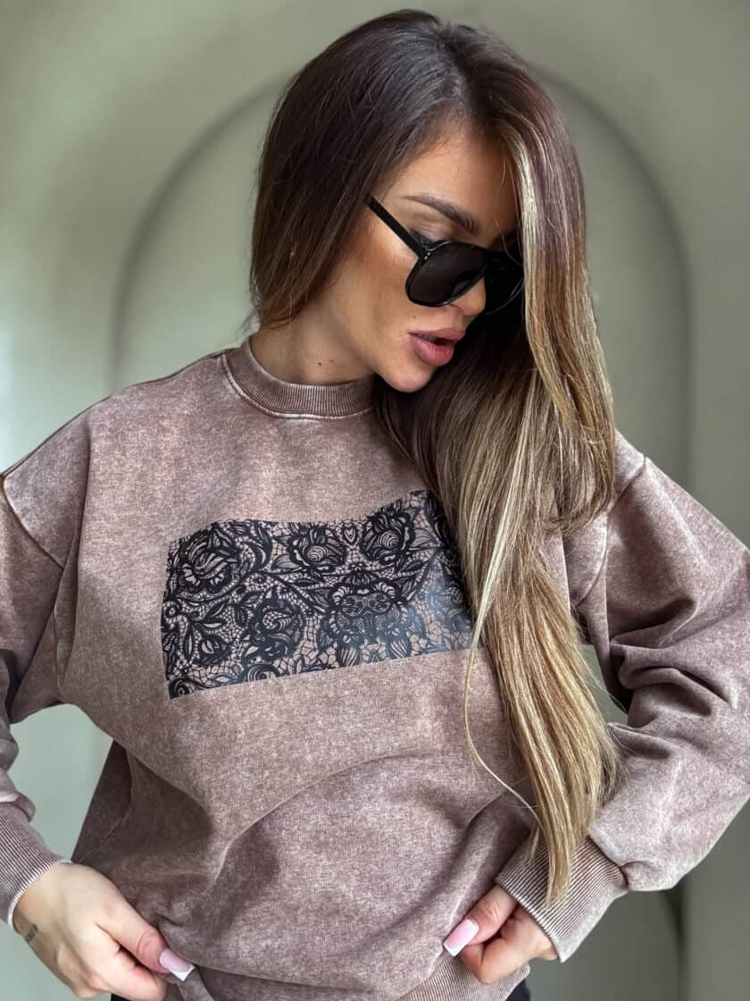 Dekatyzowana bluza KORONKA - ciemny beż - obrazek 3