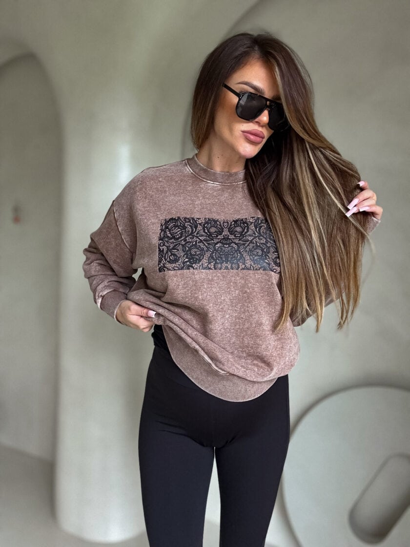 Dekatyzowana bluza KORONKA - ciemny beż - obrazek 8