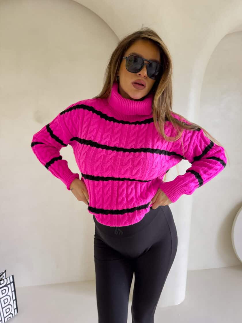 Sweter golf INKO pasy - mocny róż - obrazek 2