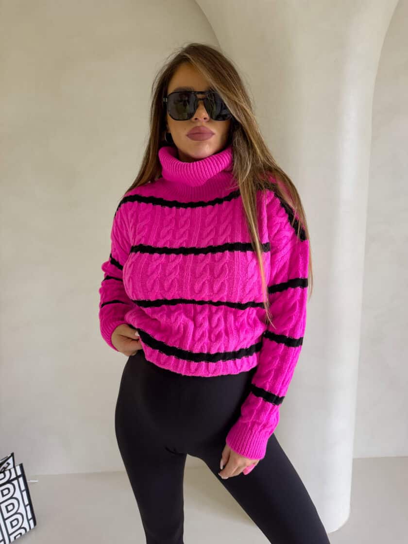 Sweter golf INKO pasy - mocny róż - obrazek 9