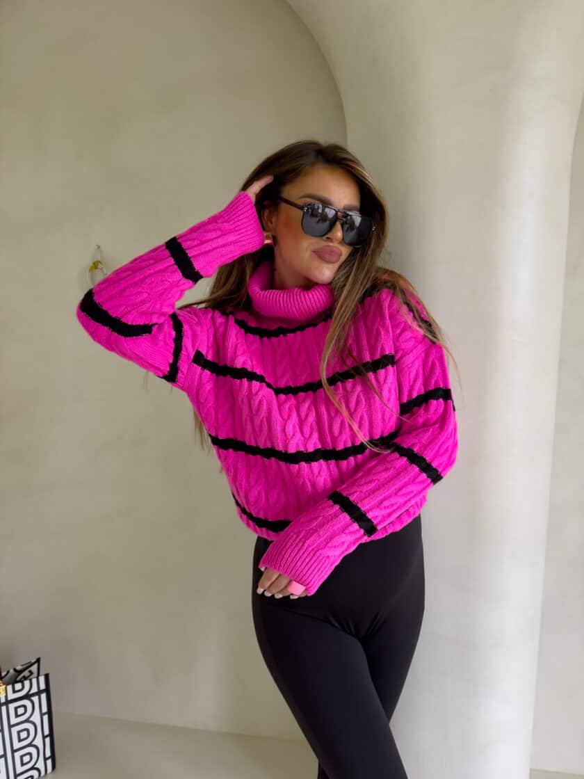 Sweter golf INKO pasy - mocny róż - obrazek 6