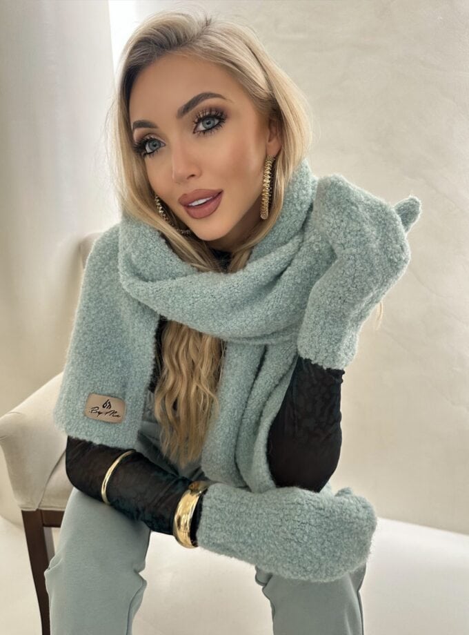 Komplet FROST szal + rękawiczki – szałwiowy