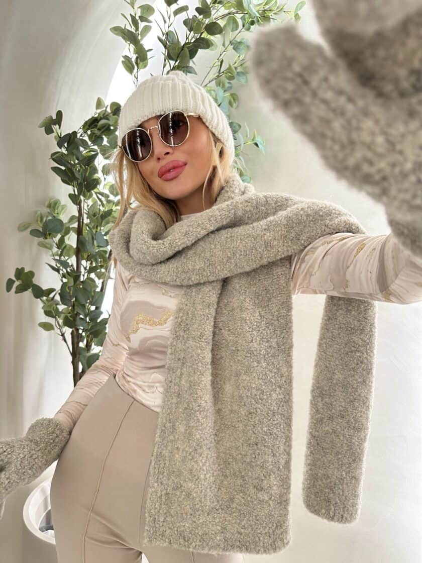 Komplet FROST szal + rękawiczki – beżowy - obrazek 2