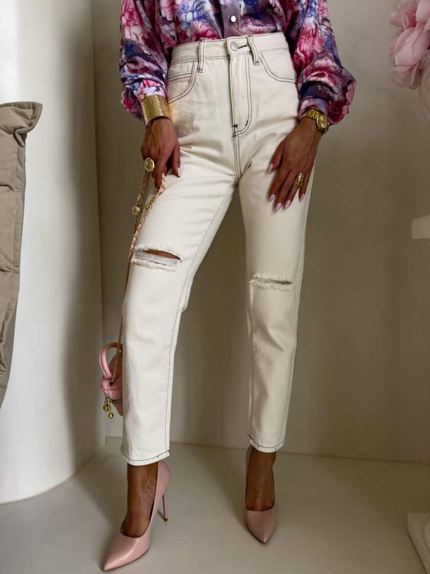 Jeansy MOM FIT HOLES – jasny beż - obrazek 8