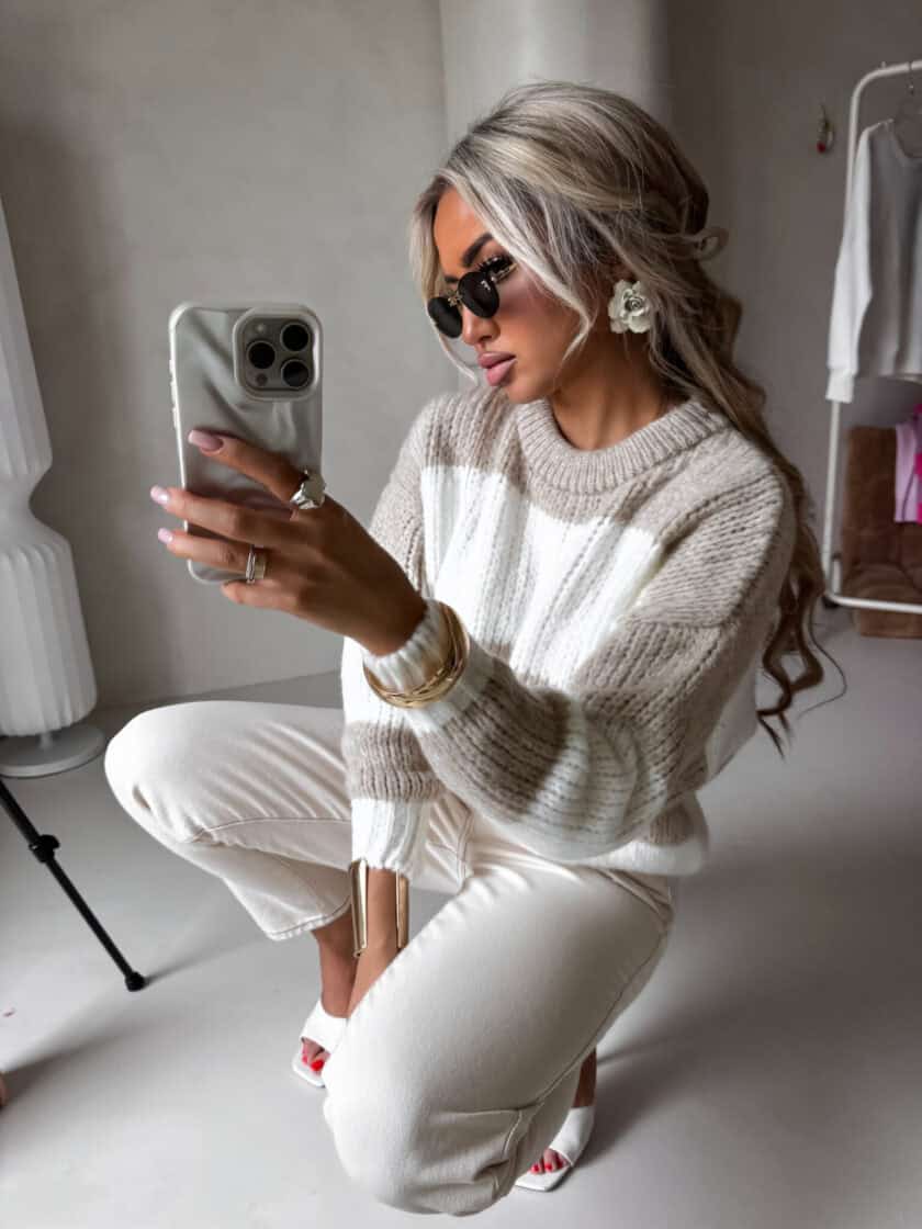 Sweter LEGEND pasy – beż-ecru DOSTĘPNE OD 14.01 - obrazek 3