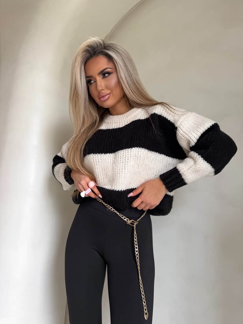 Sweter LEGEND pasy – waniliowo-czarne - obrazek 3