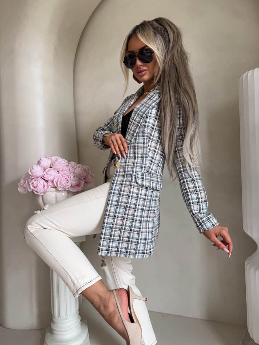 Marynarka LONG krata – szara - obrazek 2