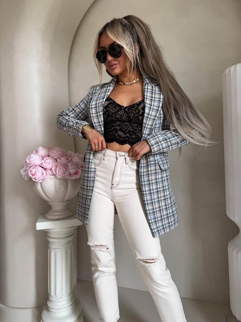 Marynarka LONG krata – szara - obrazek 3