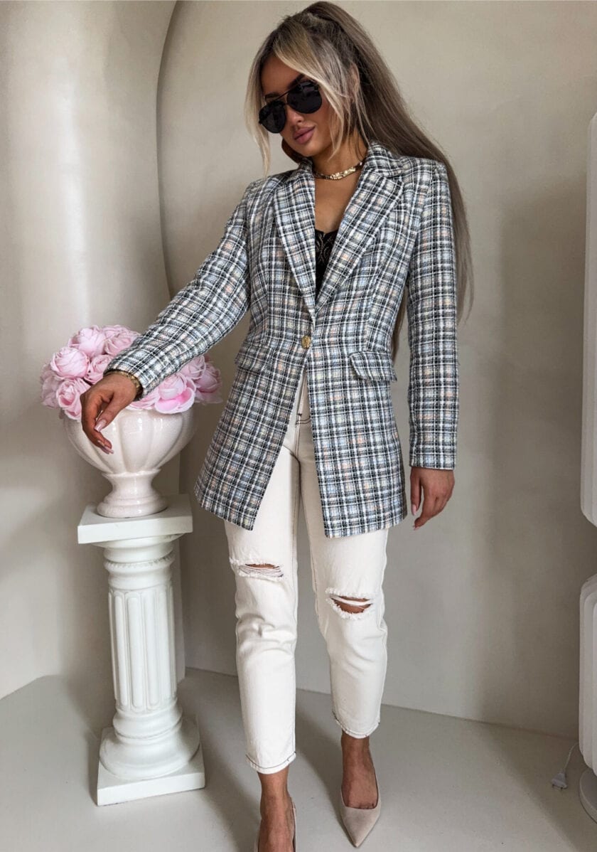 Marynarka LONG krata – szara - obrazek 5