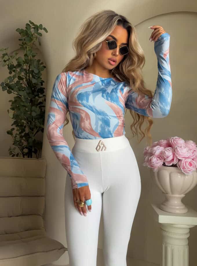 Bluzka LINDA print - niebiesko-beżowa