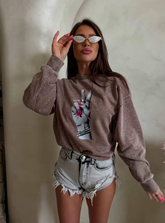 Dekatyzowana bluza HAND - ciemny beż