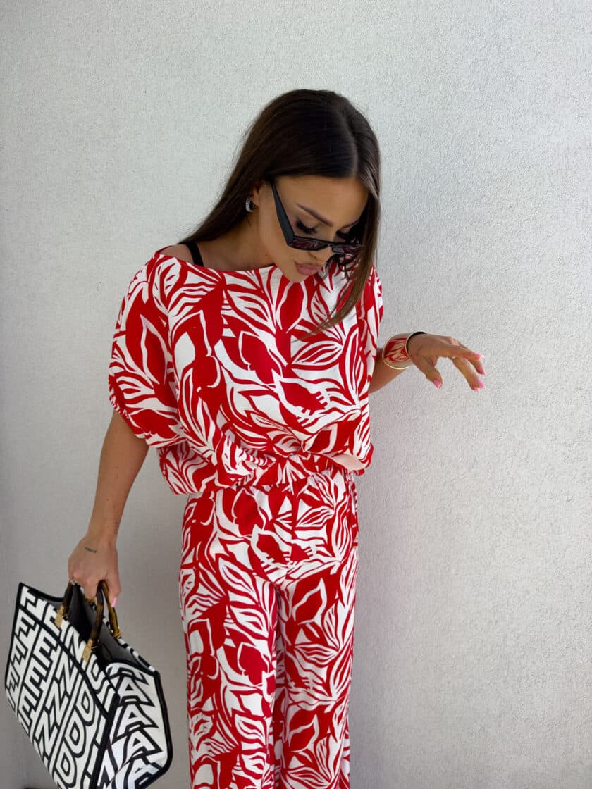 Komplet LUXE print flowers – ecru-czerwony - obrazek 3