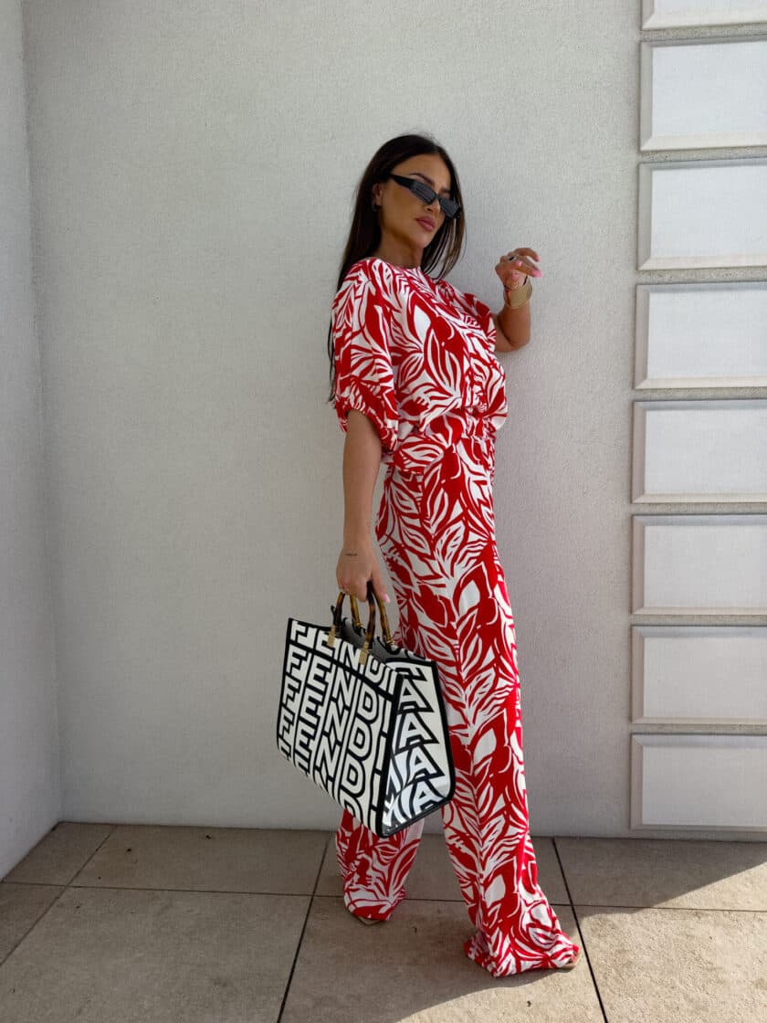 Komplet LUXE print flowers – ecru-czerwony - obrazek 4