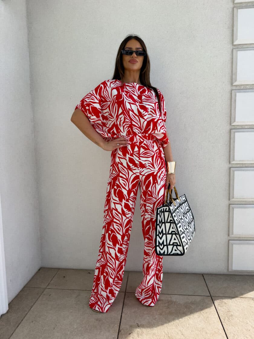 Komplet LUXE print flowers – ecru-czerwony - obrazek 7