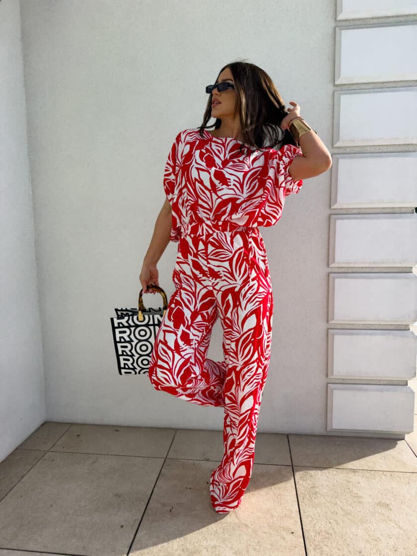 Komplet LUXE print flowers – ecru-czerwony - obrazek 5