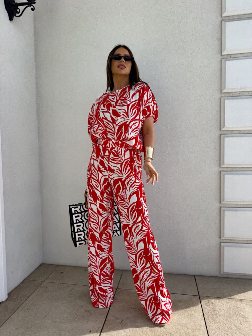 Komplet LUXE print flowers – ecru-czerwony - obrazek 13