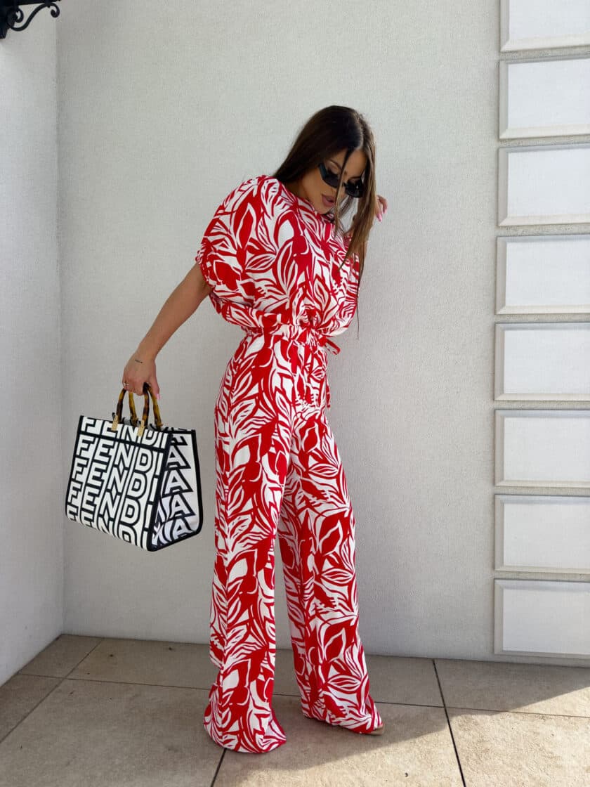 Komplet LUXE print flowers – ecru-czerwony