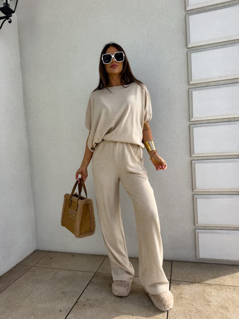 Komplet LUXE prążek – jasny beż