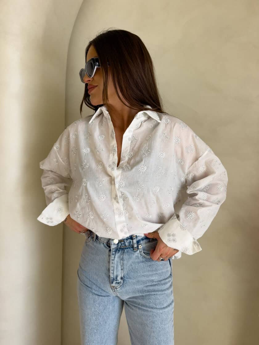 Koszula OVER bawełna kwiatuszki - ecru - obrazek 3