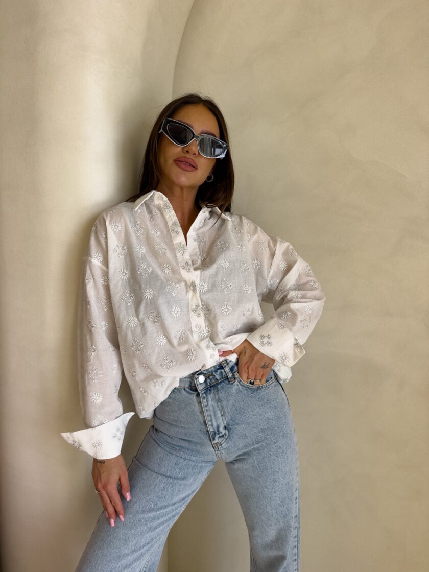 Koszula OVER bawełna kwiatuszki - ecru - obrazek 4