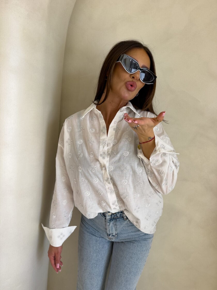 Koszula OVER bawełna kwiatuszki - ecru - obrazek 9