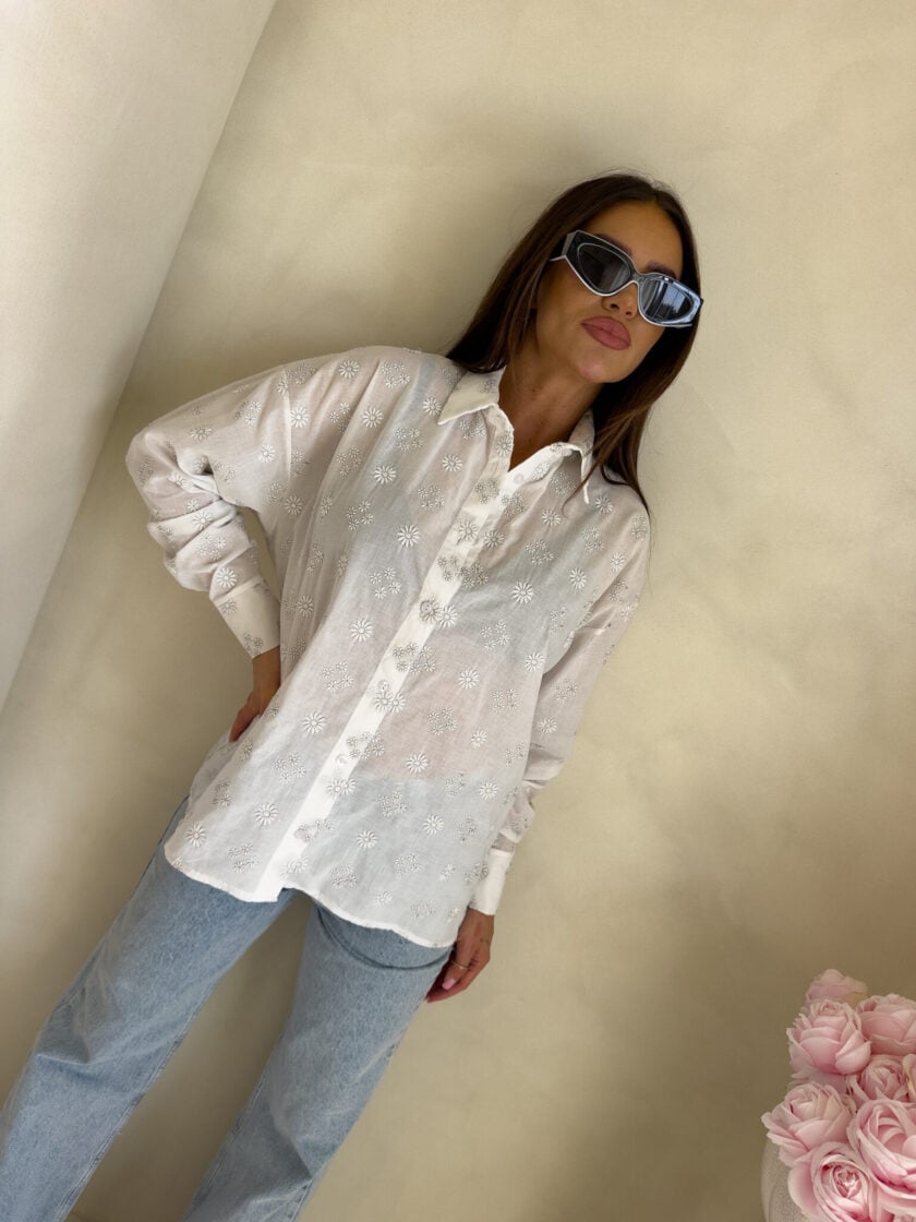 Koszula OVER bawełna kwiatuszki - ecru - obrazek 5