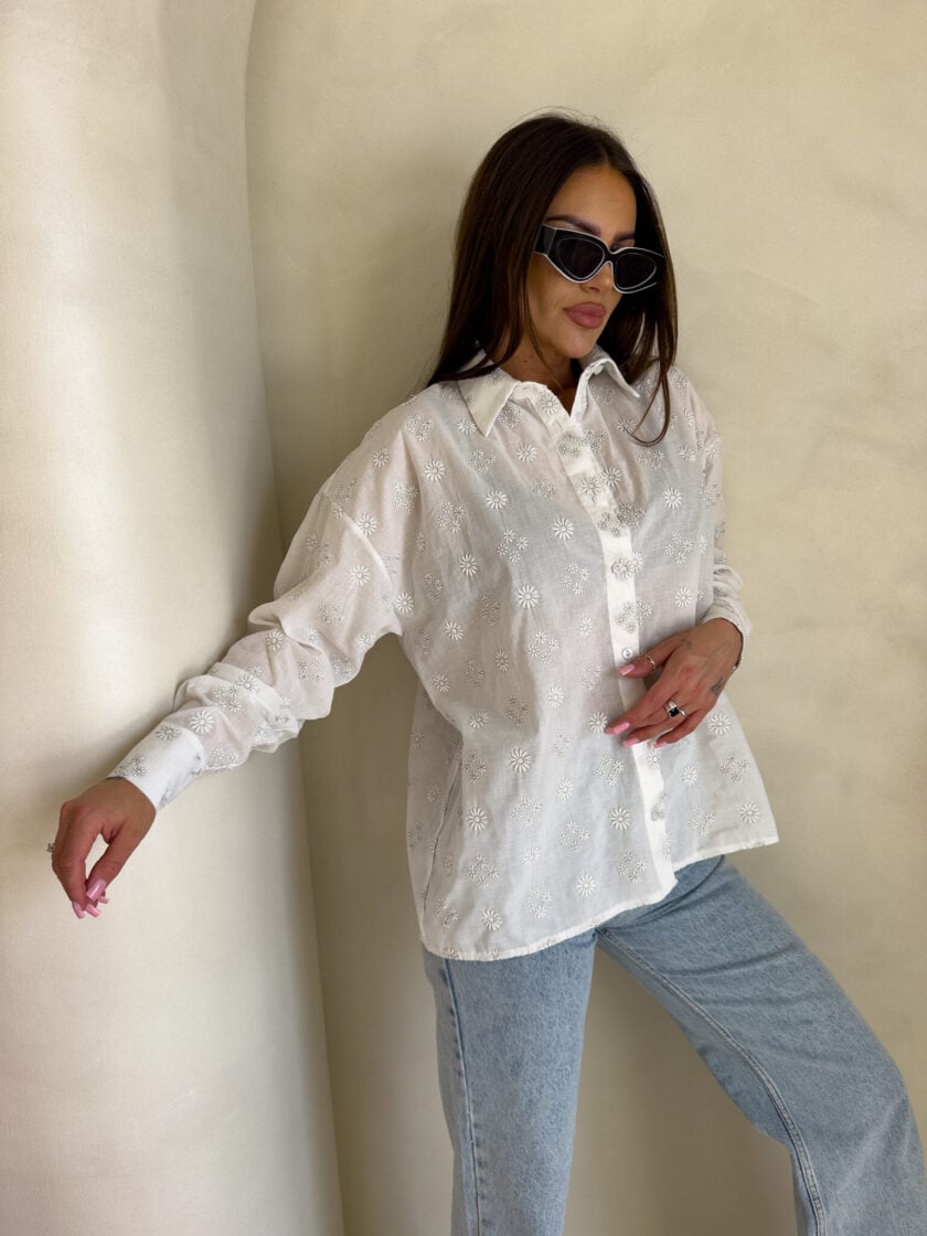 Koszula OVER bawełna kwiatuszki - ecru - obrazek 2