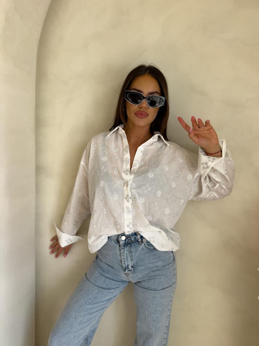 Koszula OVER bawełna kwiatuszki - ecru - obrazek 8