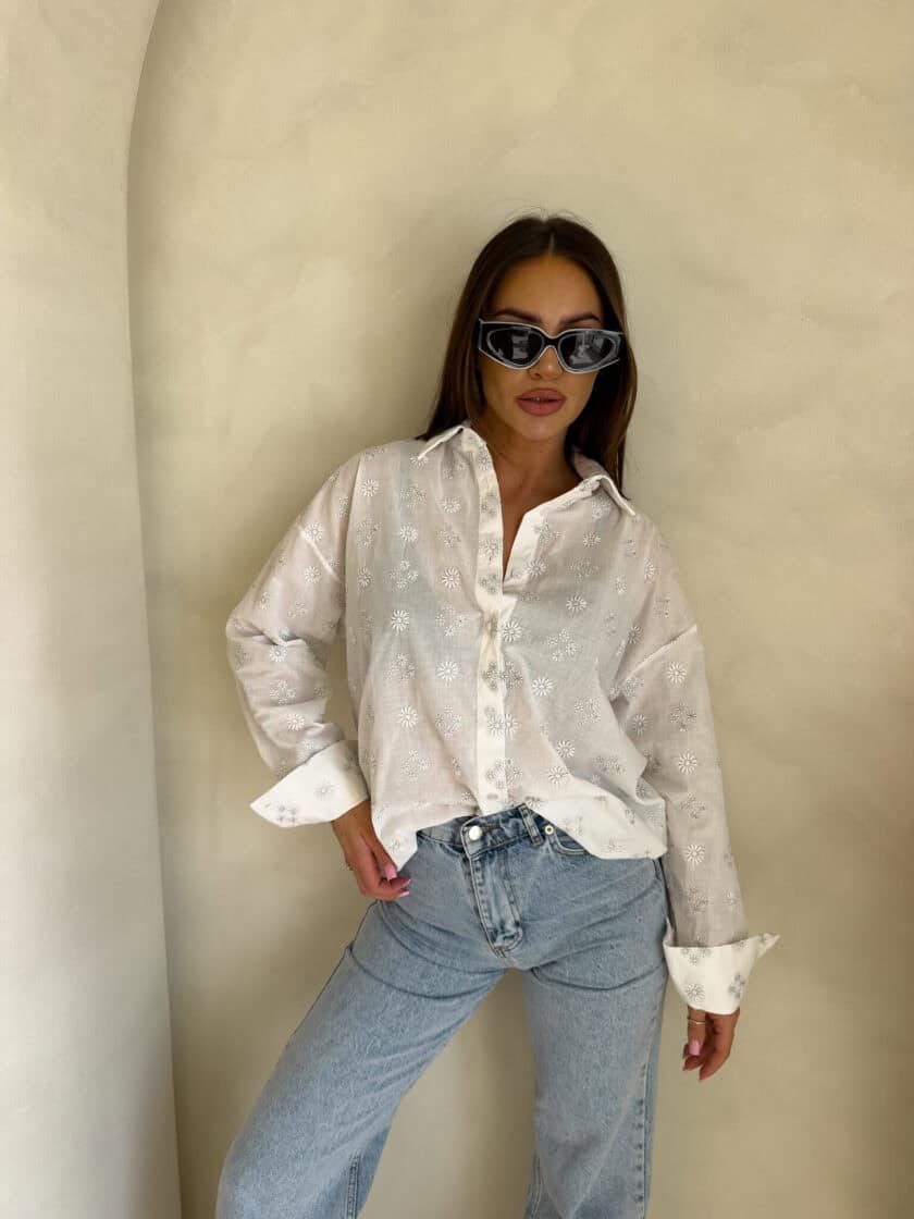 Koszula OVER bawełna kwiatuszki - ecru - obrazek 10