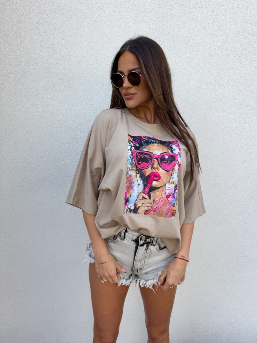 T-shirt PINK - ciemny beż - obrazek 3